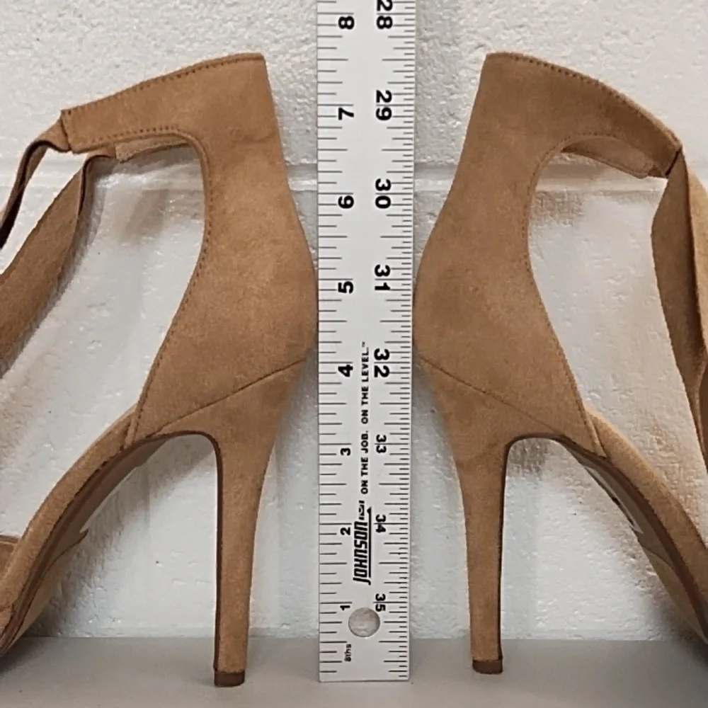 Not Just A Pump 7 Vegan Tan Suede High Heel Ankle Tie Boho Dress Shoe Jean Shoe
